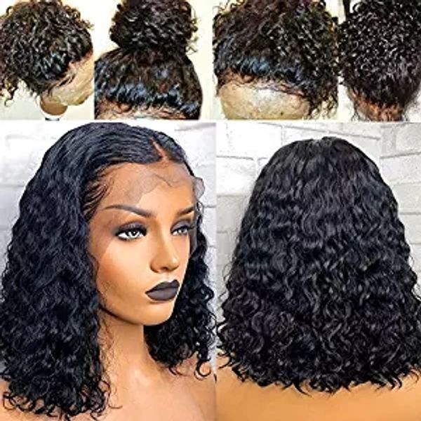 

curly human hair wigs water wave bob bleached knots brazilian remy 13*4 lace frontal wig pre-plucked 130% density diva1, Black;brown