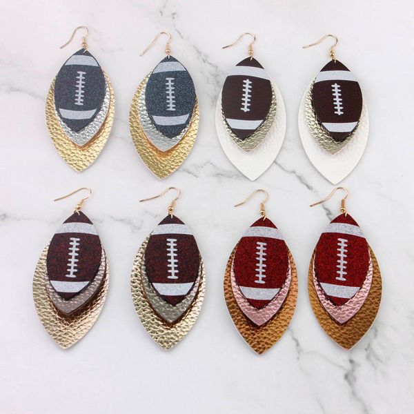 

glitter print american football pu leather earrings for women faux leather baseball triple leaf dangle earrings statement jewelry, Silver