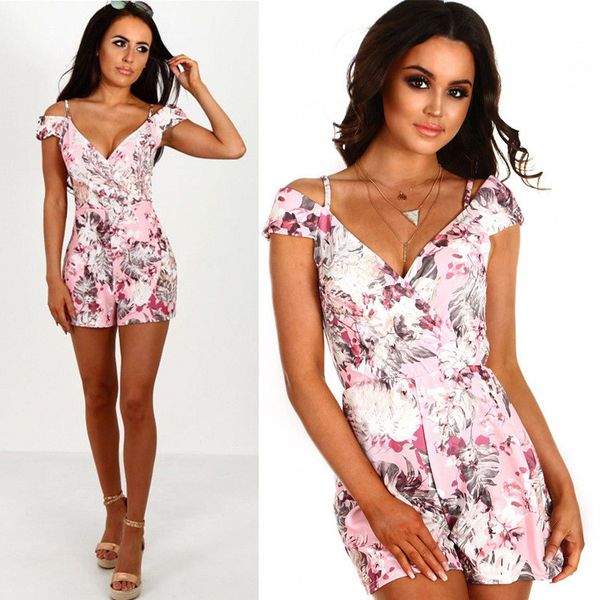 

women jumpsuit 2020 elastic force pink beach bodysuit short sleeve v neck vintage print romper off shoulder strap overalls, Black;white