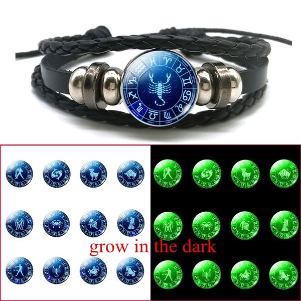 

glow in the dark 12 constellations bracelet 12 zodiac sign scorpio gemini leo virgo glass dome braided bracelet for men women, Golden;silver