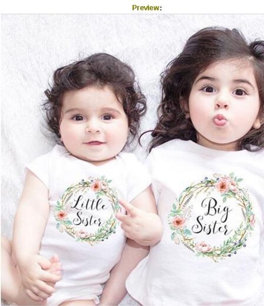 

2018 summer cute baby girls clothes short sleeve cotton little sister romper big sister t-shirt outfit sisters match outfits, Blue