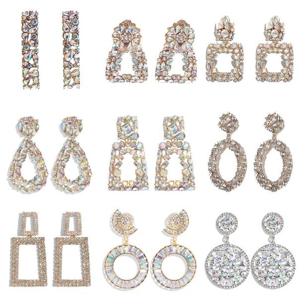 

flatfoosie new crystal drop earrings for women geometric round hollow shiny rhinestone statement earrings fashion jewelry, Silver