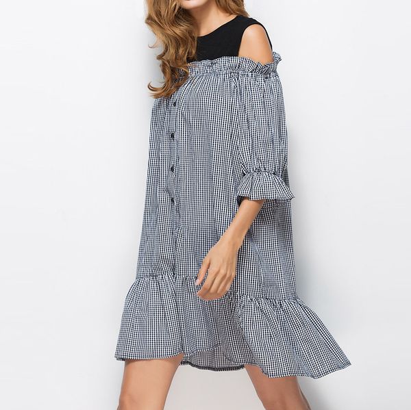 

2019 ruffle off shoulder short plaid dress women long puff sleeve sashes party dress boho beach summer, Black;gray