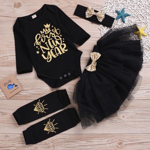 

4pcs my first new year christmas baby girls clothes lovely letter romper+tutu lace skirt+headband+leg warmer new year clothes, White