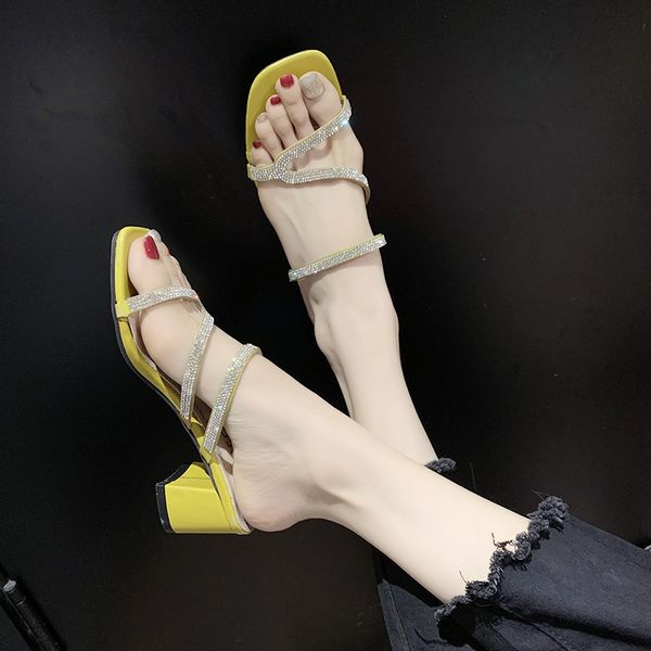 

square heel slippers casual glitter slides high-heeled shoes lady shose women pantofle med block jelly heels 2020, Black