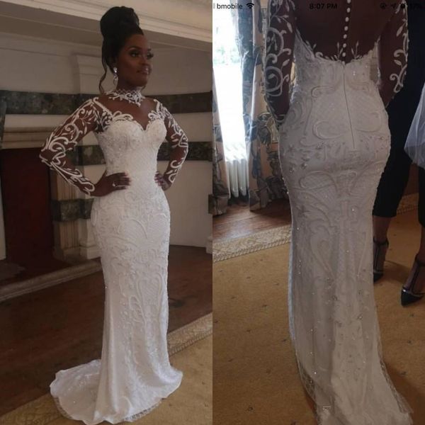 

delicate 3d lace appliques beaded mermaid wedding dresses south african high neck illusion long sleeve covered buttons back bridal gowns, White