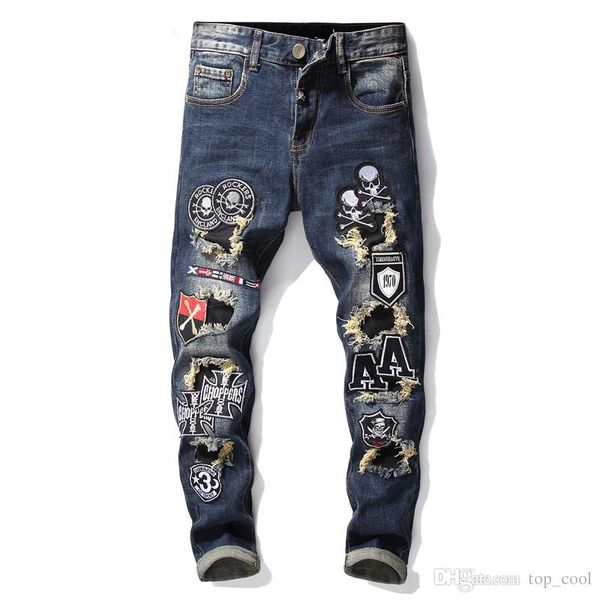 

топы мужские лоскутное череп значок узкие джинсы модельер slim fit хип-хоп промытые рваные повседневные джинсовые брюки брюки 068, Blue