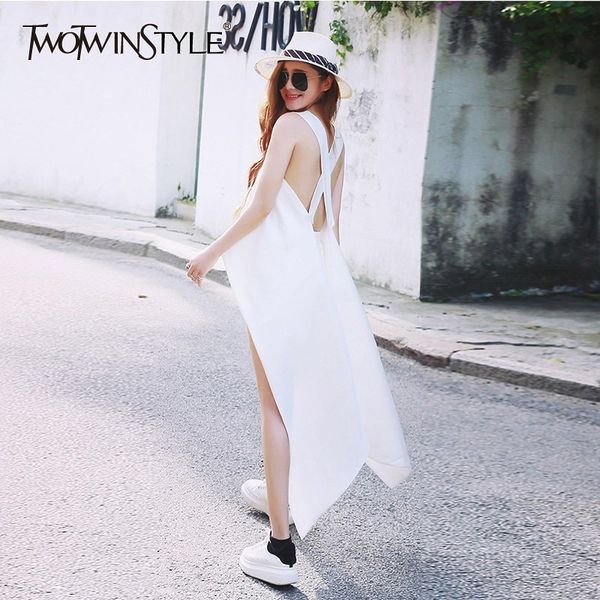 

twotwinstyle backless irregular shirt women asymmetrical sleeveless striped blouse female elegant summer 2019 fashion, White