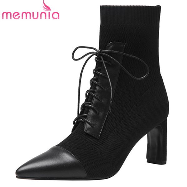 

memunia 2020 genuine leather stretch boots women mixed colors high heels party wedding shoes autumn ankle boots women, Black