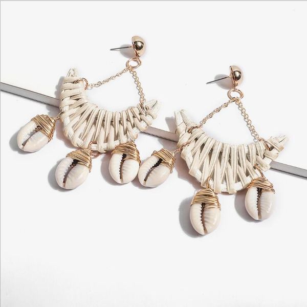 

handmade conch shell earrings natural rattan woven models female big dangle chandelier women fashion jewelry 12 styles wholesale, Silver