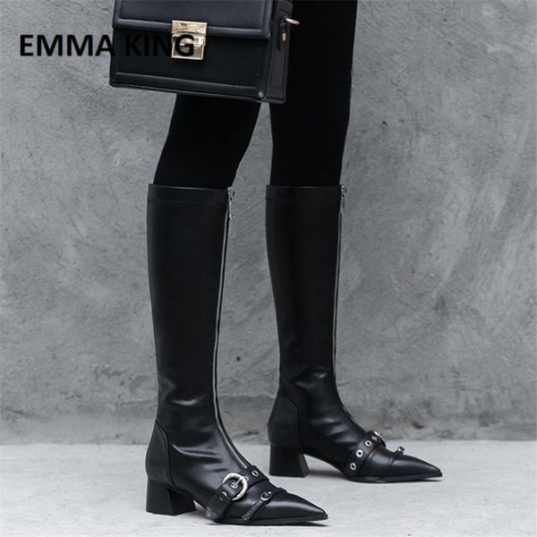 

2019 new leather boots in front zipper knee high boots autumn winter stratch women fashion shoes female buckle, Black