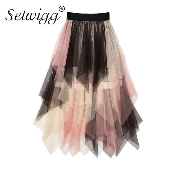 

setwigg sweet multi-color tulle patchwork long irregular skirts elastic waist band a-line colored mesh pleated mid-calf skirts, Black;gray
