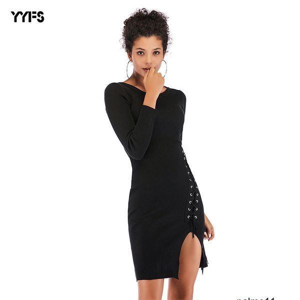 

womens designer solid color knit dress slim slimming long bag hip skirt 207y, Black;gray