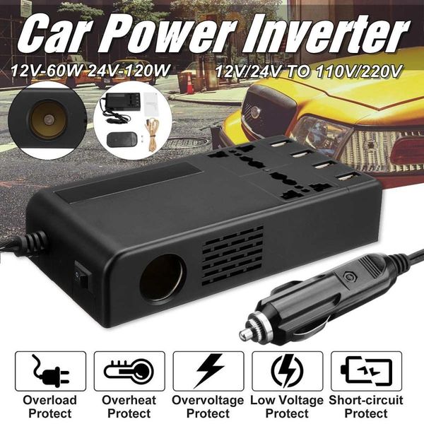 

multifunctional car inverter 12v/24v to ac110v/220v 60w/120w power converter charger auto cigarette lighter display voltage