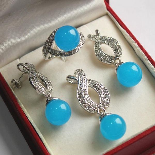 

high qulity new jewelry silver plated + 12mm blue jade bread pendant, earring, , ring set, Black