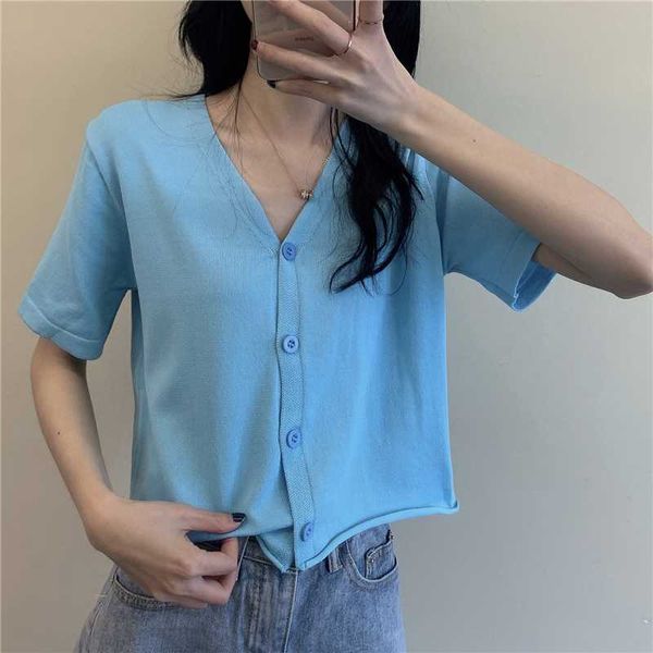 

2020 spring summer women ruffle trim crop knitted short sleeves cardigans with buttons deep v neck crop knit jumpers, White