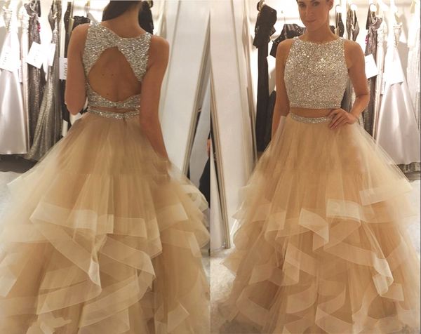 

champagne ball gown prom dresses sparkly sequins beaded tulle tiered skirt keyhole back plus size backless evening dresses, Black