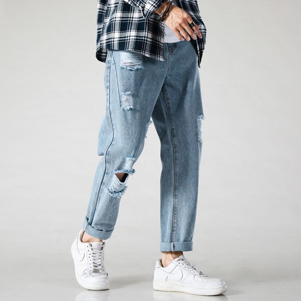 

38 broken hole scratched jeans men's loose straight-tube beggar's nine points harlan daddy pants men's 2020 season, Blue
