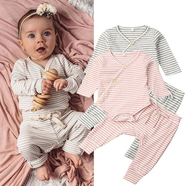 

0-18m newborn baby girl boy knitted striped long sleeve romper +pants leggings autumn casual outfits clothes 2pcs set, White