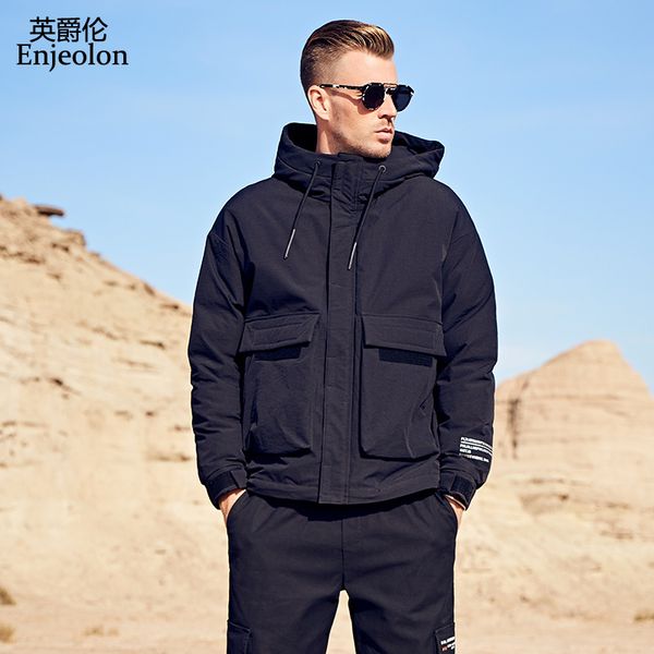 

enjeolon brand 2019 winter jacket men hooded thick white duck down parka coat casual slim pockets down mens overcoat yr928, Black