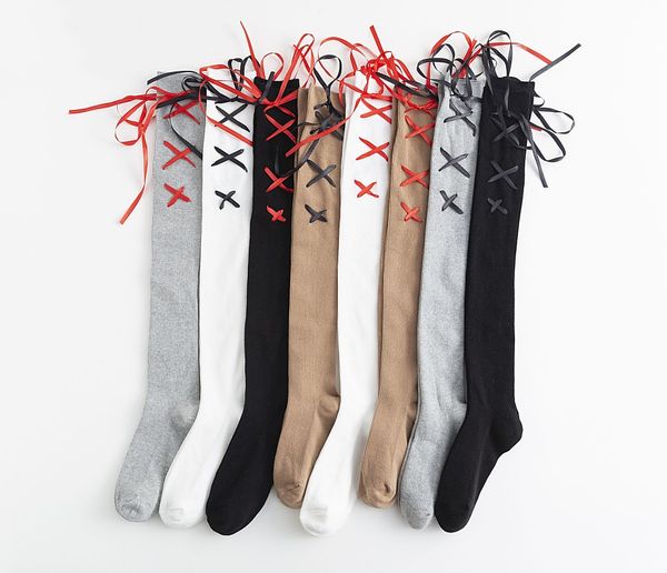 

new big girls women thigh high socks over the knee cotton ribbon bow bandage stocking college style, Pink;yellow