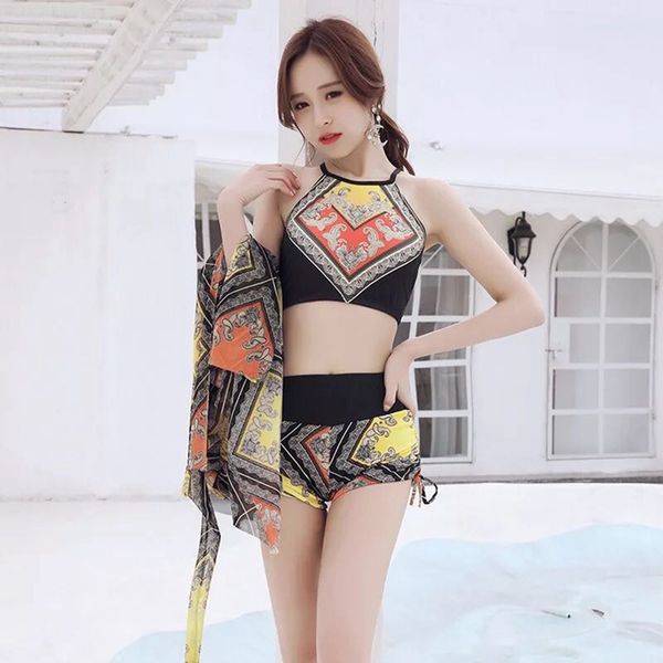 

2020 women bathing suit with cover-up skirt beach bikini sets boho bikinis high waist swimsuit push up wear three piece, White
