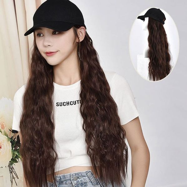 

women long curly synthetic hair with hat big wave baseball cap wig 40jf, Blue;gray