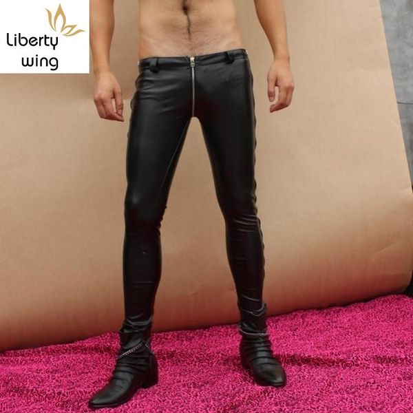 

men full length zippers skinny pencil new designer pu leather punk zip low waist pants big size trousers, Black