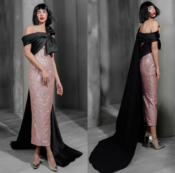 2020 Rose Gold Prom Dresses com Preto Cabo tornozelo comprimento Bling Sequins fora do ombro vestidos de noite Custom Made ocasião formal Vestido