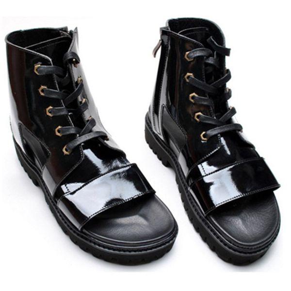 

genuine leather rome style lace-up casual breathable sandals thick bottom beach fashion handmade men shoes, Black