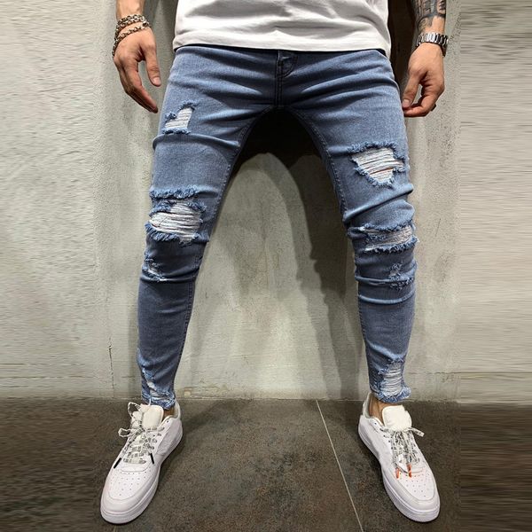 

mens pure color hole denim jeans vintage wash skinny ripped destroyed stretch slim work trousers pants with holes for men 8.21, Blue