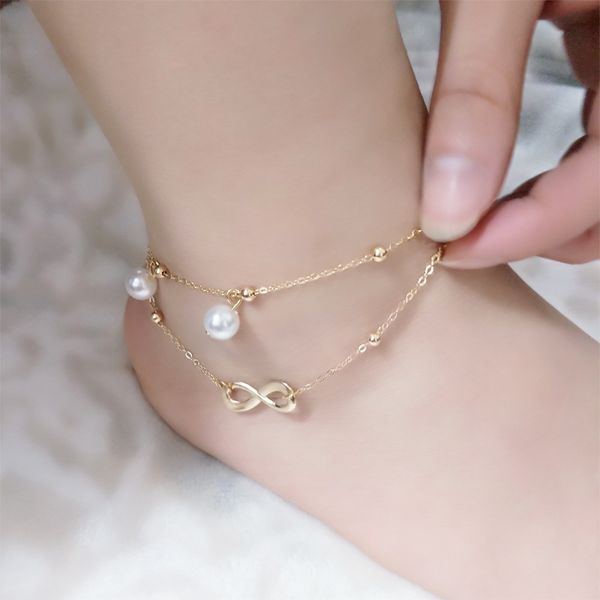 

europe and america 8-word double layer pearl anklet women's handmade beaded bracelet double chain anklet beach zu shi, Red;blue