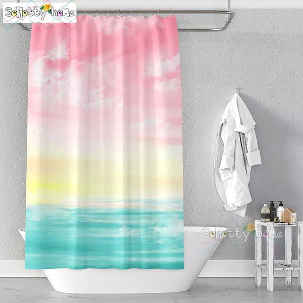 

pink yellow green watercolor sea beach printed fabric shower curtains sea scenery bath screen waterproof decor