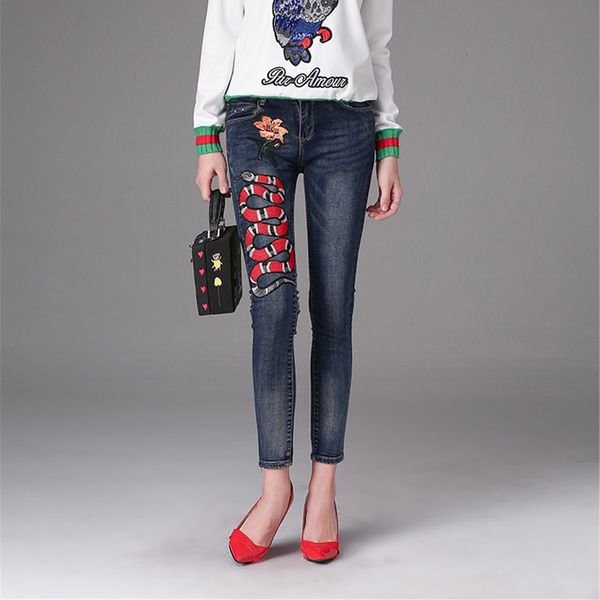 

womens designer jeans pants luxury jeans pants famous model g elegant fashionable snake floral embroidery trousers, Blue