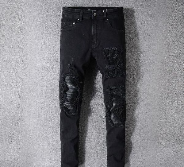

amiri jeans men black europe and america high street tide brand hole trousers men s patch stretch slim pants, Blue