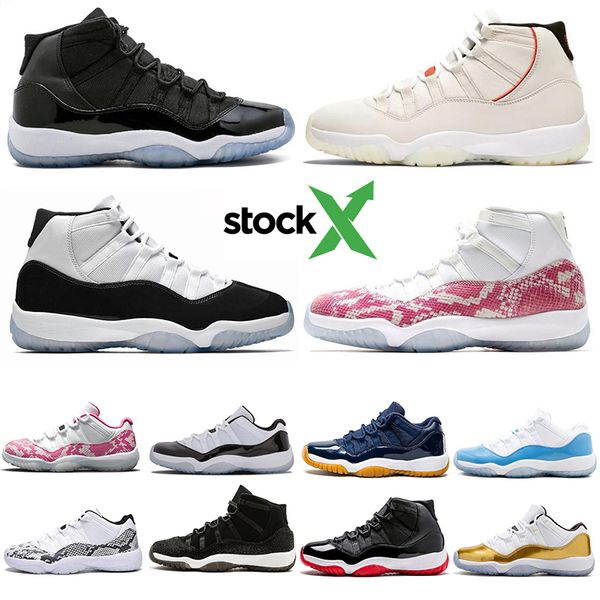 

stock x 11s snakeskin concord 45 platinum tint cap and gown men basketball shoes space jams 11 mens trainers designer sneakers size 5.5- 13, White;red
