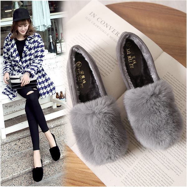 

real hair warm winter women shoes thicken soft soled loafers furry fur moccasins round toe scoop shoes plus size footwear, Black