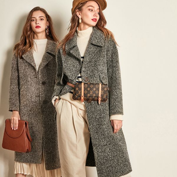 

wool yak blend women coat female consumption cowhide retro long wool coat, Black