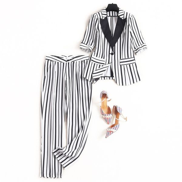 

two piece dress women plus size set 2021 spring summer black white striped blazer suit one button blazers pant yellow