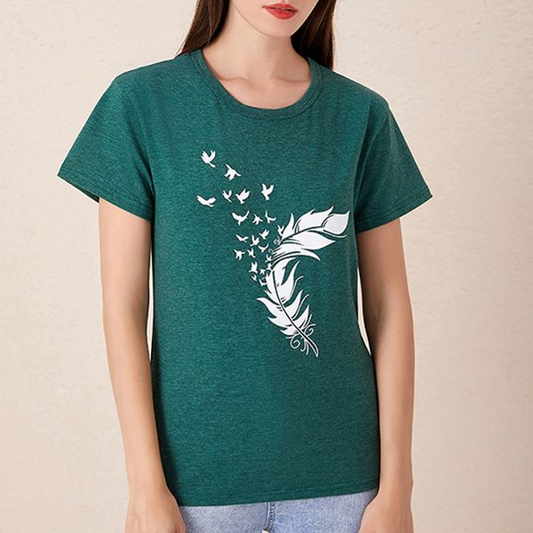 

casual loose round collar t-shirt ladies short sleeve tshirt feather print women basic classic female tee, White