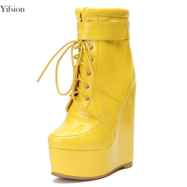 

rontic new women platform ankle boots wedges high heels boots round toe party yellow ladies shoes women plus us size 4-15, Black