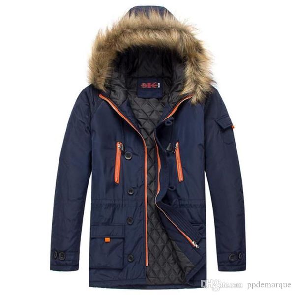 

thick winter mens coats long sleeve fur collar hooded mens middle long outerwear casual couples doudoune with zipper, Black