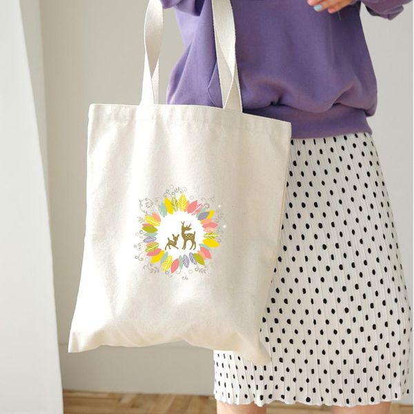 

deer flower print women shopping bag ladies canvas sweet girls shoulder totes beach bags large-capacity handbags literary