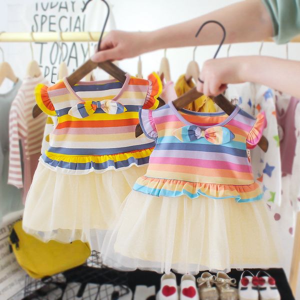 

new toddler infant girls cotton mesh tutu rainbow striped dresses kids cute birthday party clothes baby girl princess dress, Red;yellow