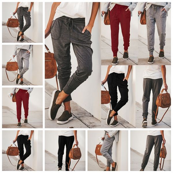 

european solid color high waist elastic tie casual pants loose pocket feet trousers, support mixed batch, Black;white