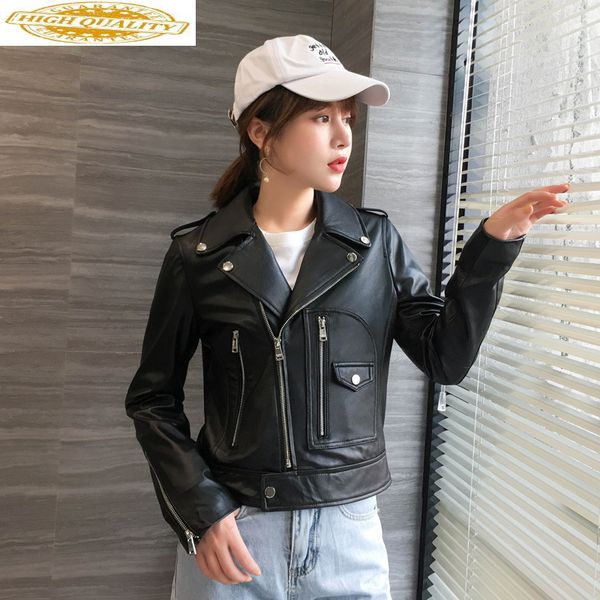 

реальной натуральной кожа куртка женщин весна осень дубленка мотоцикл байкер куртка куртка mujer 2020 9802 kj3697, Black