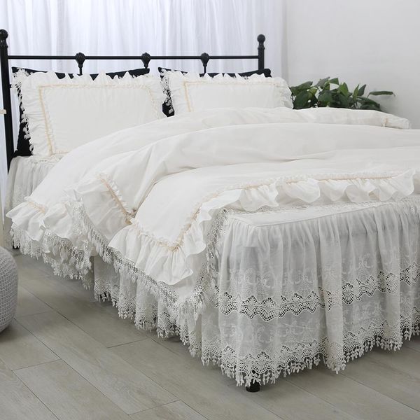 

princess ruffles white lace cutout embroidered bedding set cotton ropa de cama bed skirt bedspreads yyx