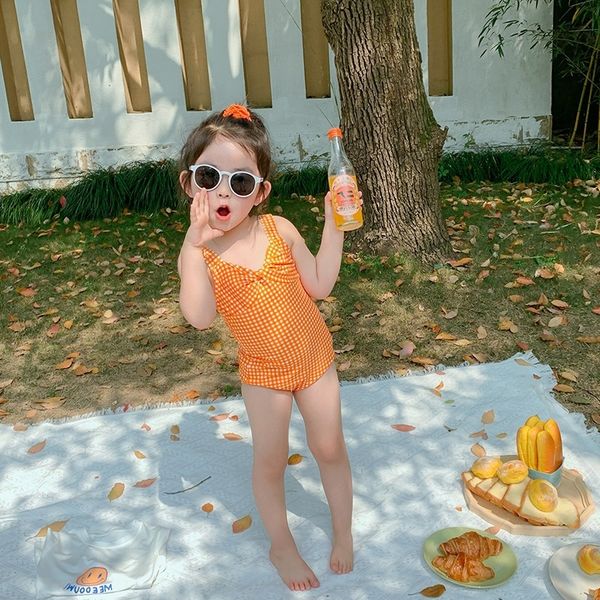 

2020 han fan children's butterfly girl's plaid bow baby's one-piece swimsuit small and middle children's princess swimsu, White;black