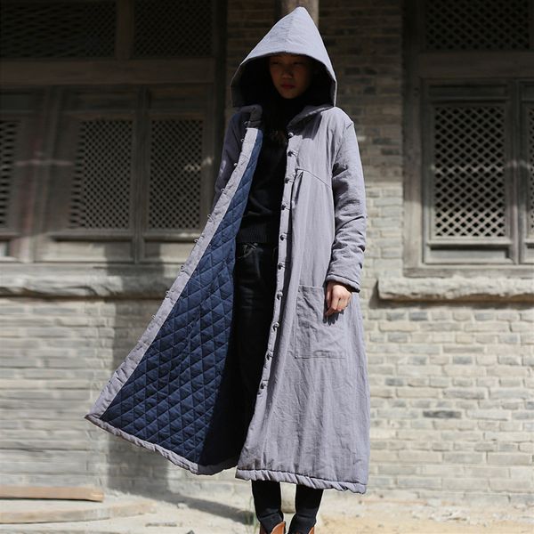 

johnature women hooded parkas pockets button vintage coat 2019 winter new cotton linen loose thick warm women clothes parkas, Black