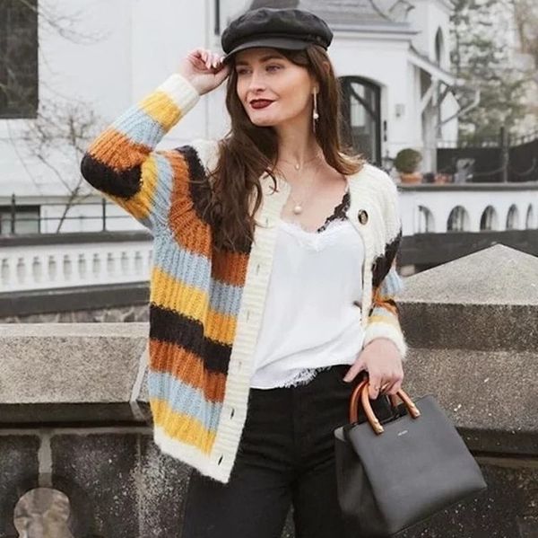 

2019 autumn and winter new striped mohair big round button women casual loose sweater cardigan, White